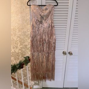 Rose gold, beaded, strapless gown